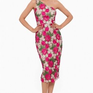 Xscape Pink and Green Floral One-Shoulder Dress